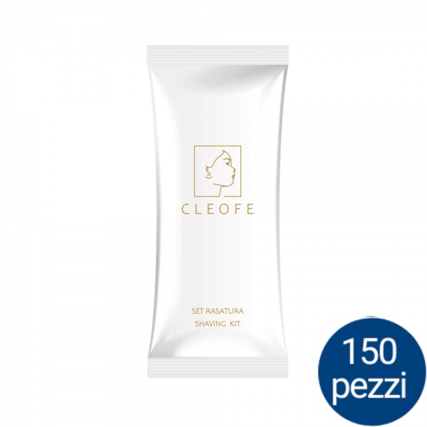 Linea Cortesia - Set Rasatura (rasoio + gel da barba) in confezione Flowpack - Brand Cleofe - Cartone 150 pezzi